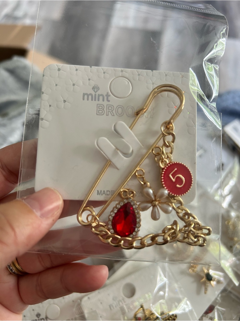4/$50 mint Red Teardrop & Charm Safety Pin Brooch - Gold Tone